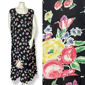 Vintage 90s Floral Dress Maxi Black FLAWS Women Sz Large‎ Rayon Flowy Sleeveless